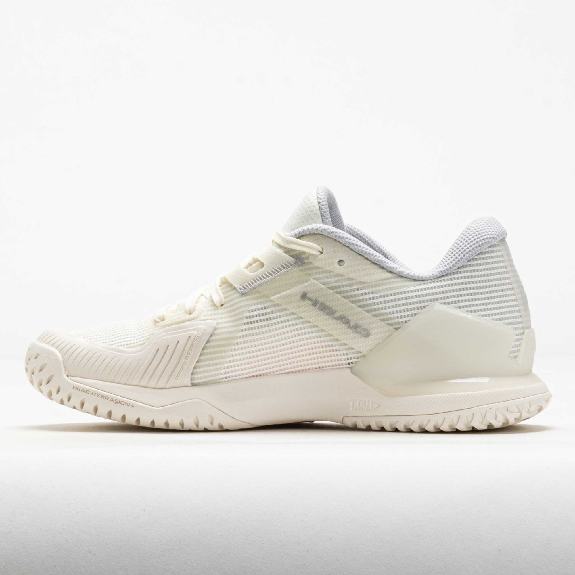 Women's low-profile tennis shoe in white and light grey with textured outsole, side view
