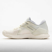 Women's low-profile tennis shoe in white and light grey with textured outsole, side view