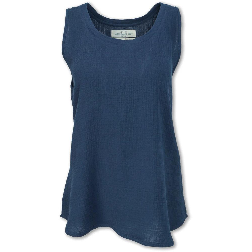 Navy blue sleeveless gauze tank top with relaxed fit and curved hemline, front view