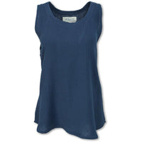 Navy blue sleeveless gauze tank top with relaxed fit and curved hemline, front view