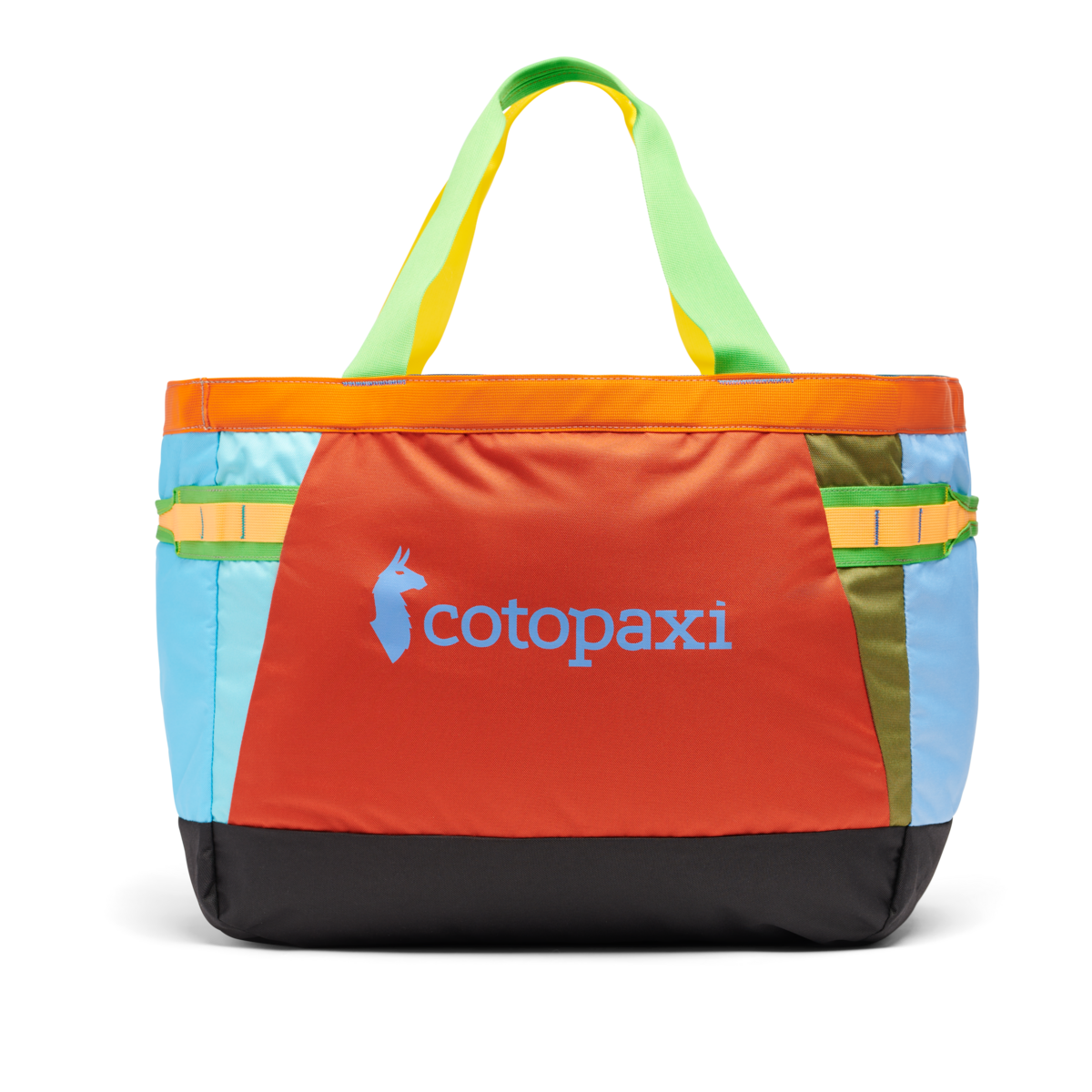 Large colorful patchwork tote bag with orange top trim and multicolored handles
