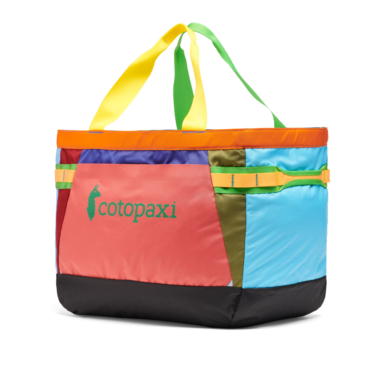 Colorful patchwork tote bag with rainbow fabric panels and multiple carrying handles