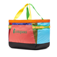 Colorful patchwork tote bag with rainbow fabric panels and multiple carrying handles