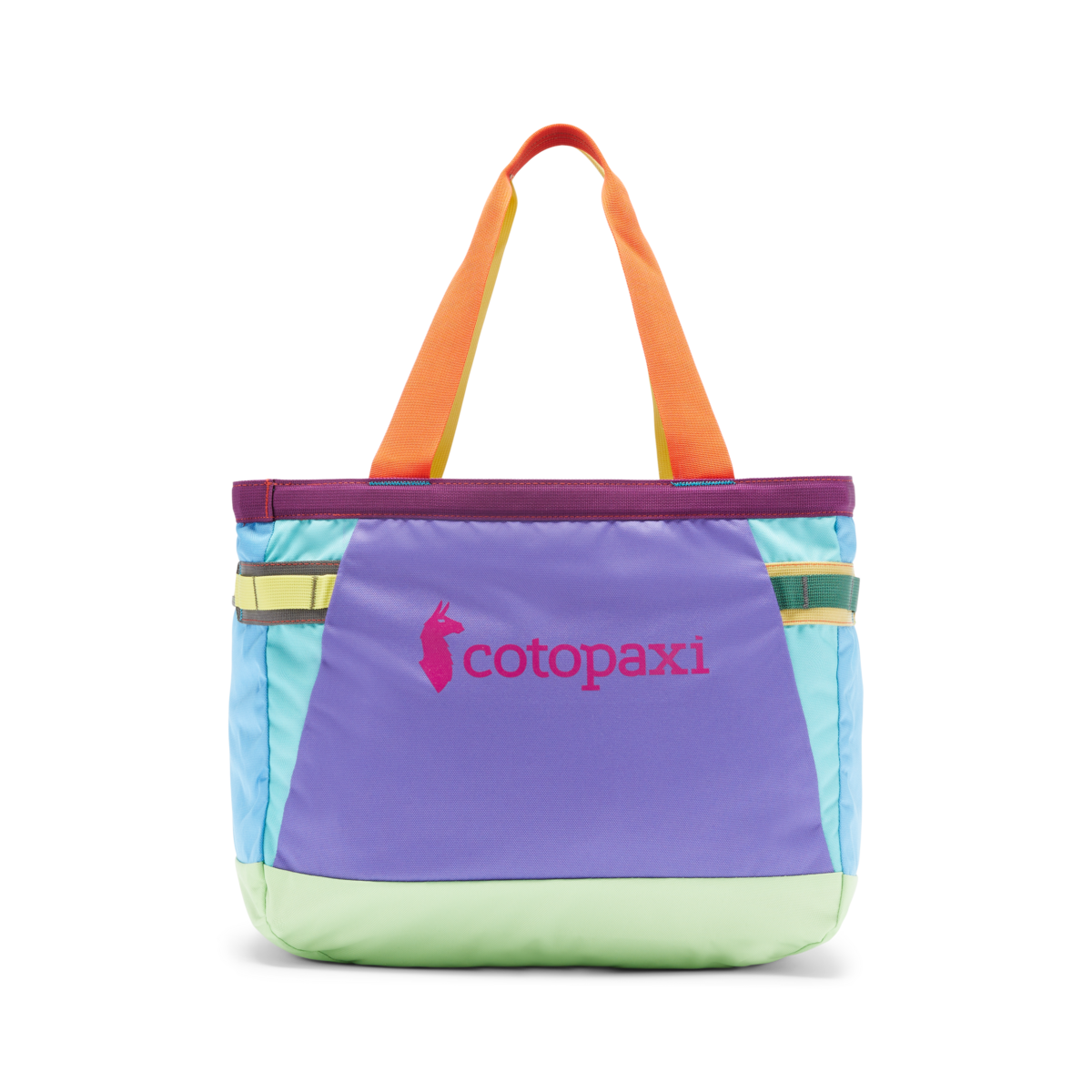 Colorful patchwork tote bag with purple main panel and multicolored accents, front view