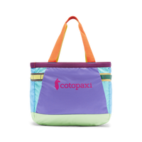 Colorful patchwork tote bag with purple main panel and multicolored accents, front view