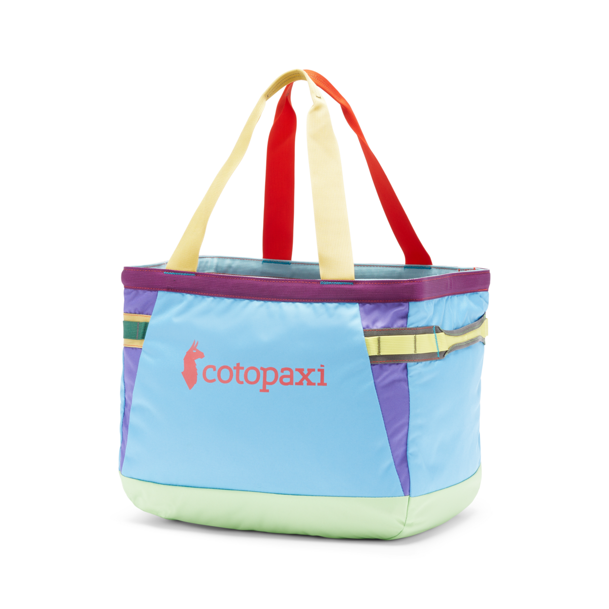 Multicolored patchwork tote bag with colorful handles on white background