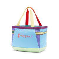 Multicolored patchwork tote bag with colorful handles on white background