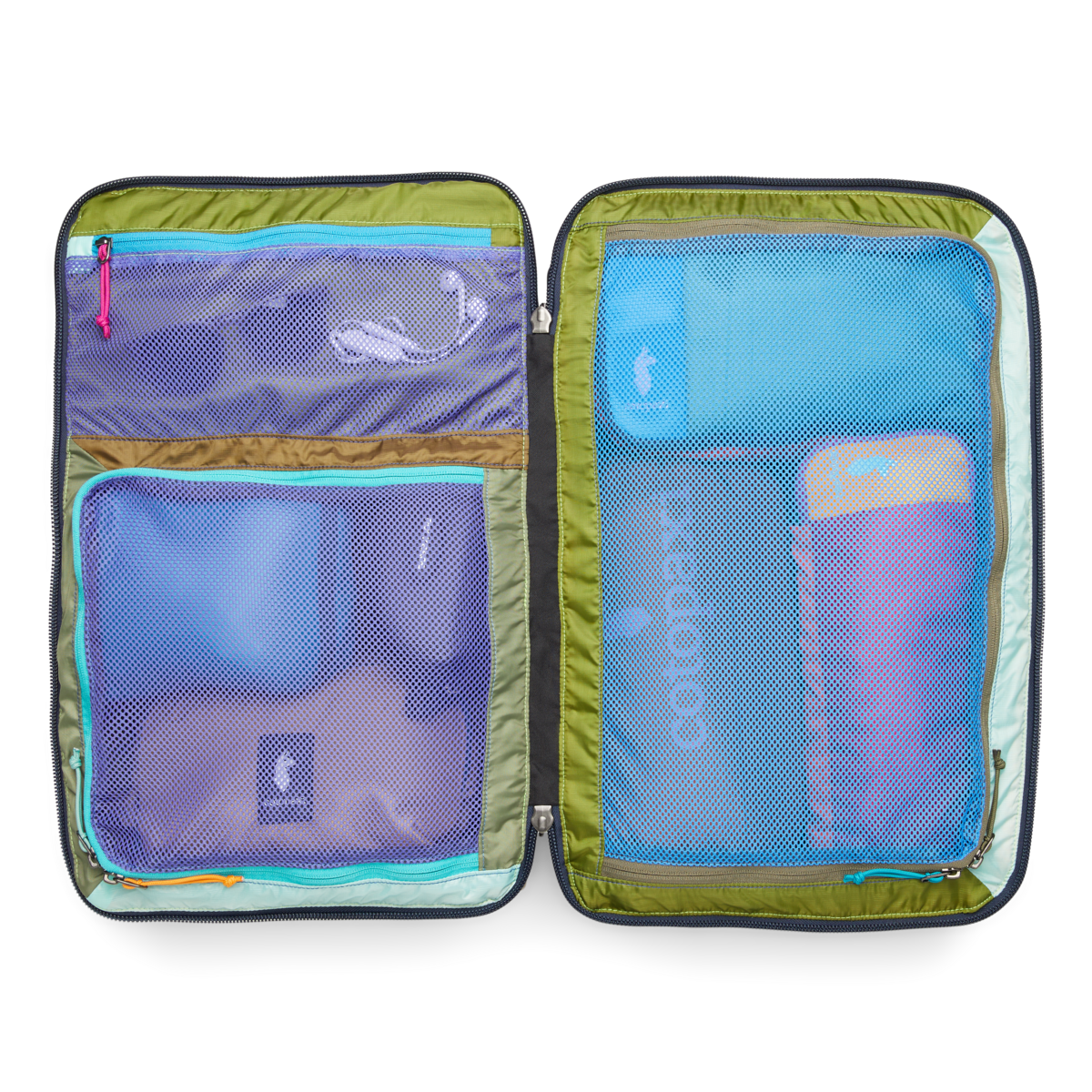 Open travel backpack showing organized interior compartments with mesh packing cubes and olive green lining