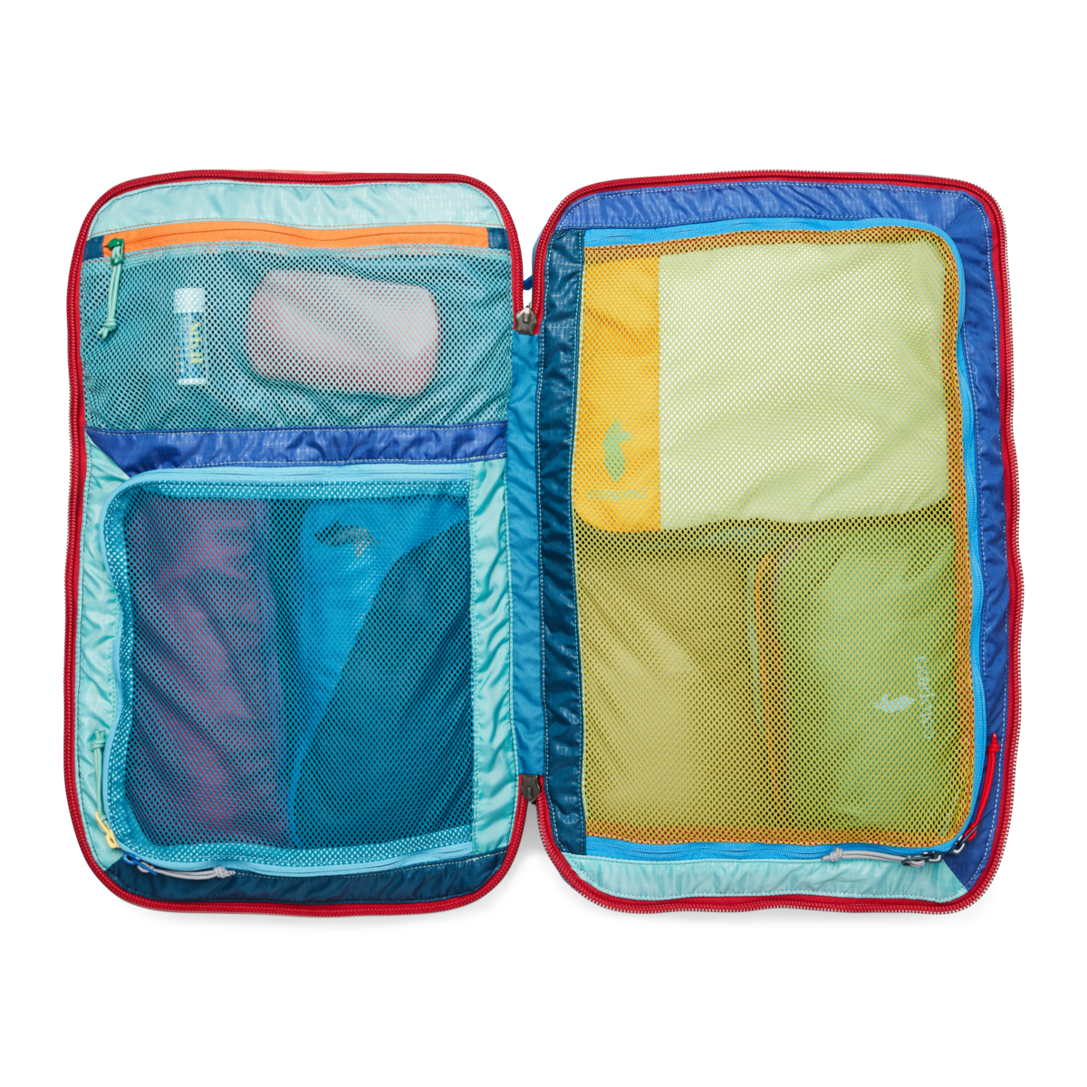 Multicolored travel backpack opened to show interior compartments with mesh pockets and organizers