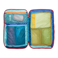 Multicolored travel backpack opened to show interior compartments with mesh pockets and organizers