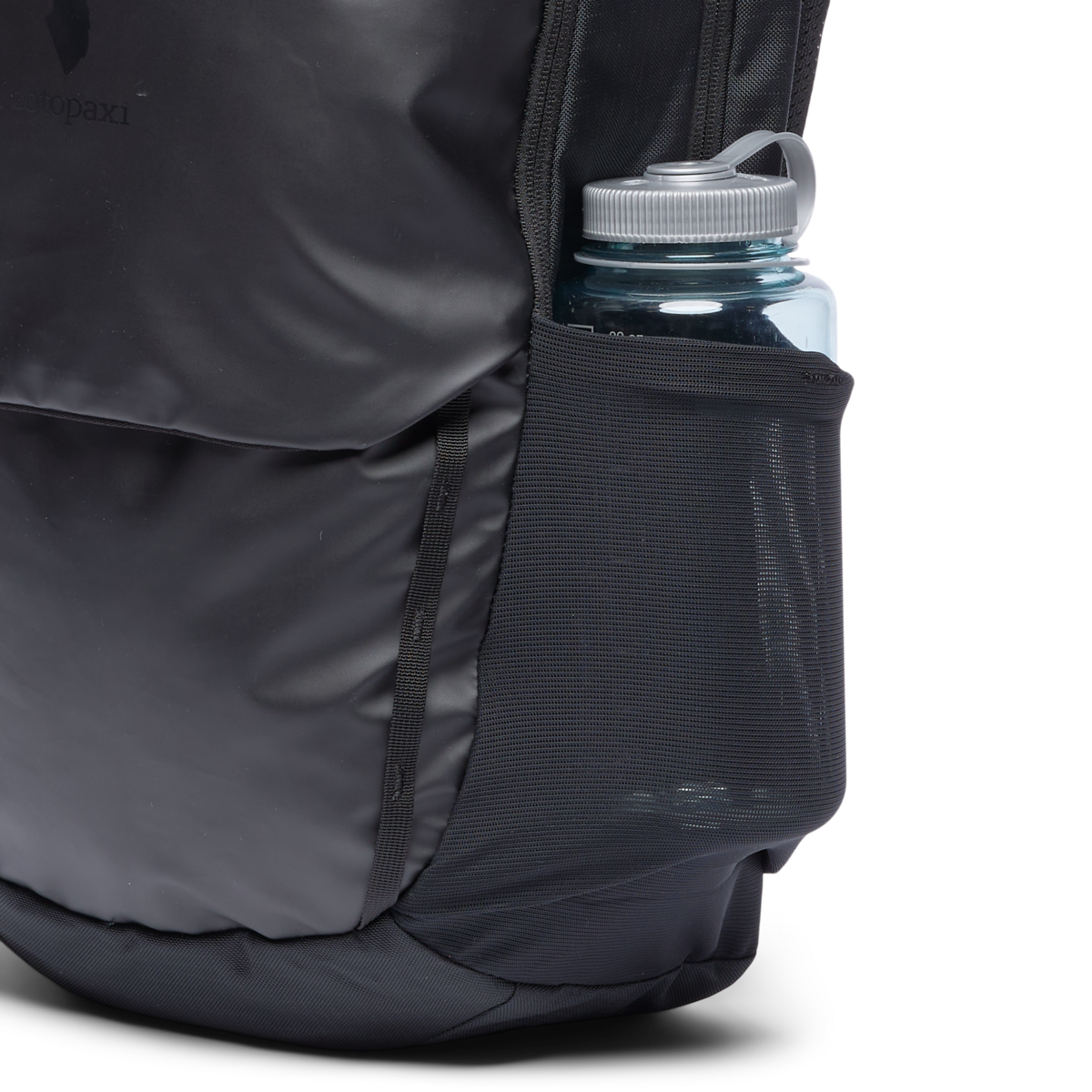 Black daypack with side water bottle pocket and mesh exterior pocket detail