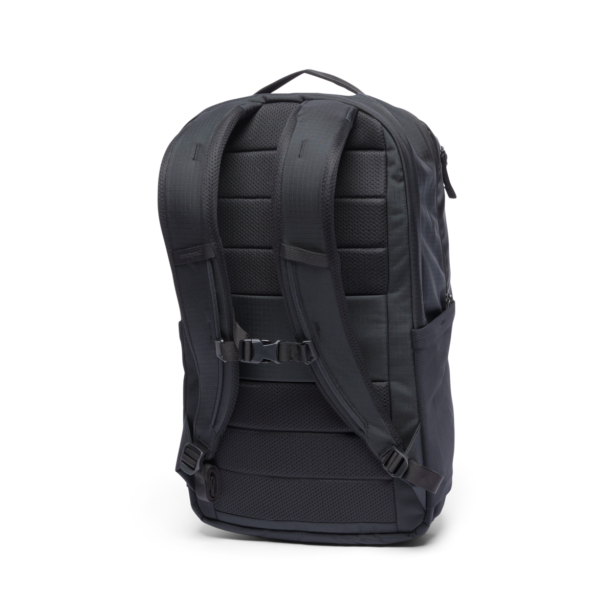 Black backpack showing rear view with padded shoulder straps and chest strap