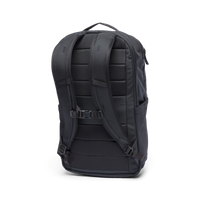 Black backpack showing rear view with padded shoulder straps and chest strap