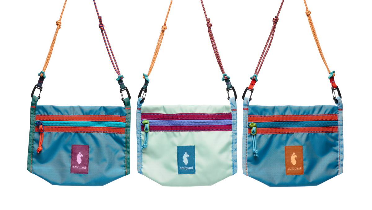 Three small crossbody bags with colorful zipper pockets and braided rope straps, front view