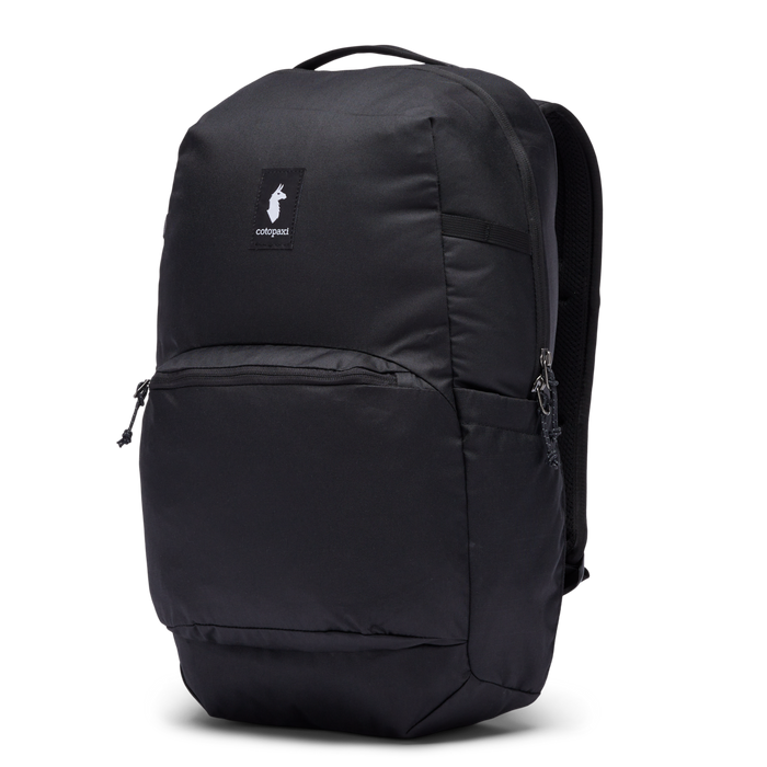 Black 26-liter backpack with front zip pocket, top handle, and llama logo patch