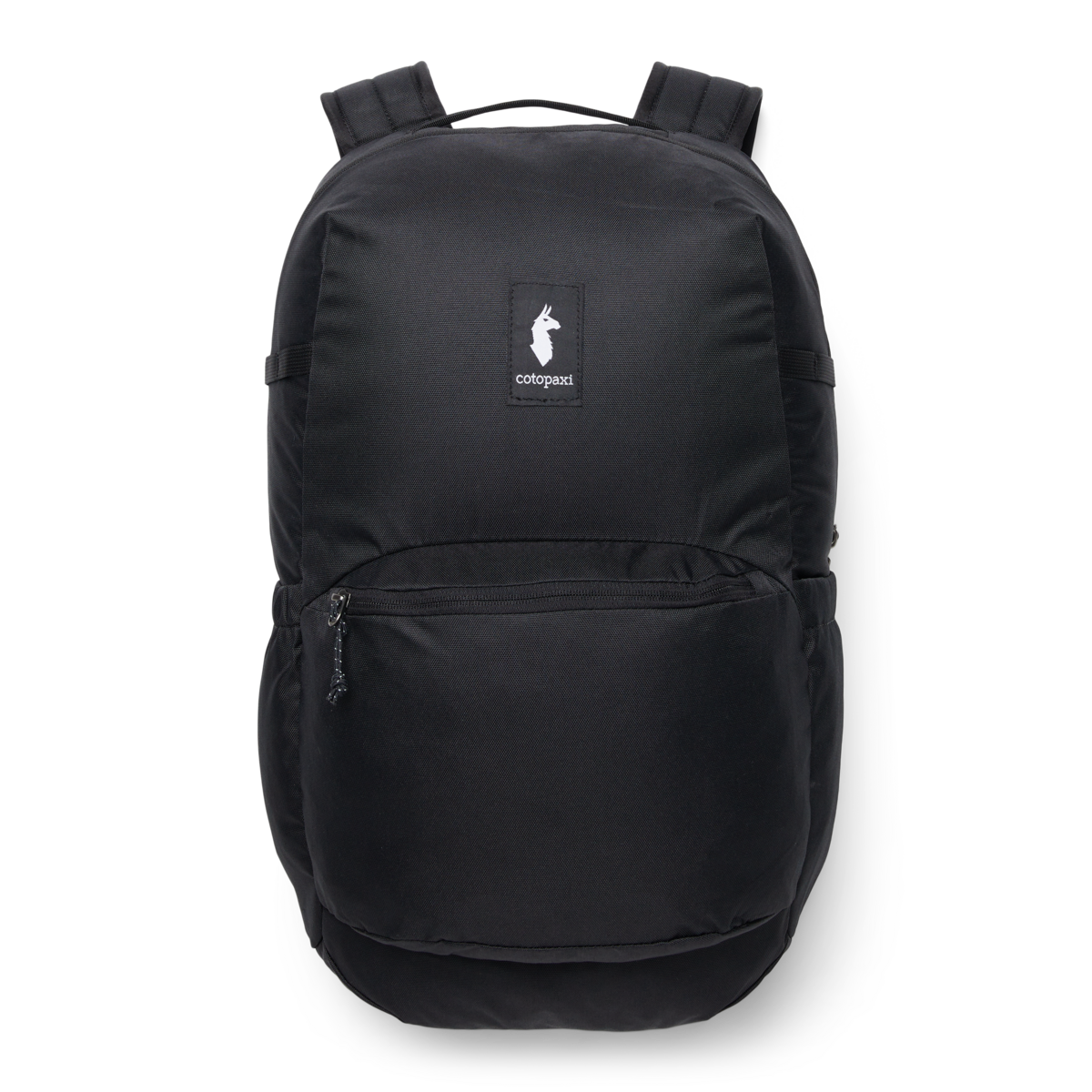 Black 26-liter backpack with front zip pocket and llama logo patch, front view