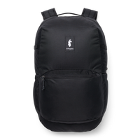 Black 26-liter backpack with front zip pocket and llama logo patch, front view