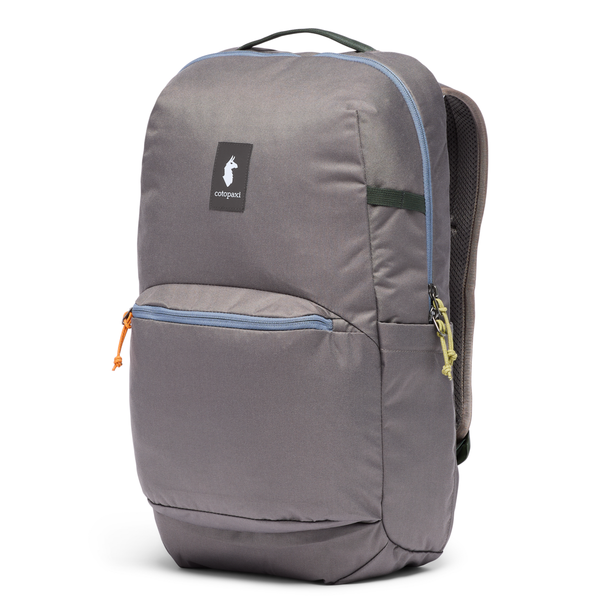 26L backpack in gray with multiple zippered compartments, top handle, and mesh side pocket