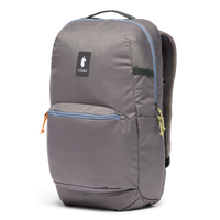 26L backpack in gray with multiple zippered compartments, top handle, and mesh side pocket