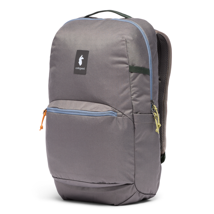 26L backpack in gray with multiple zippered compartments, top handle, and mesh side pocket