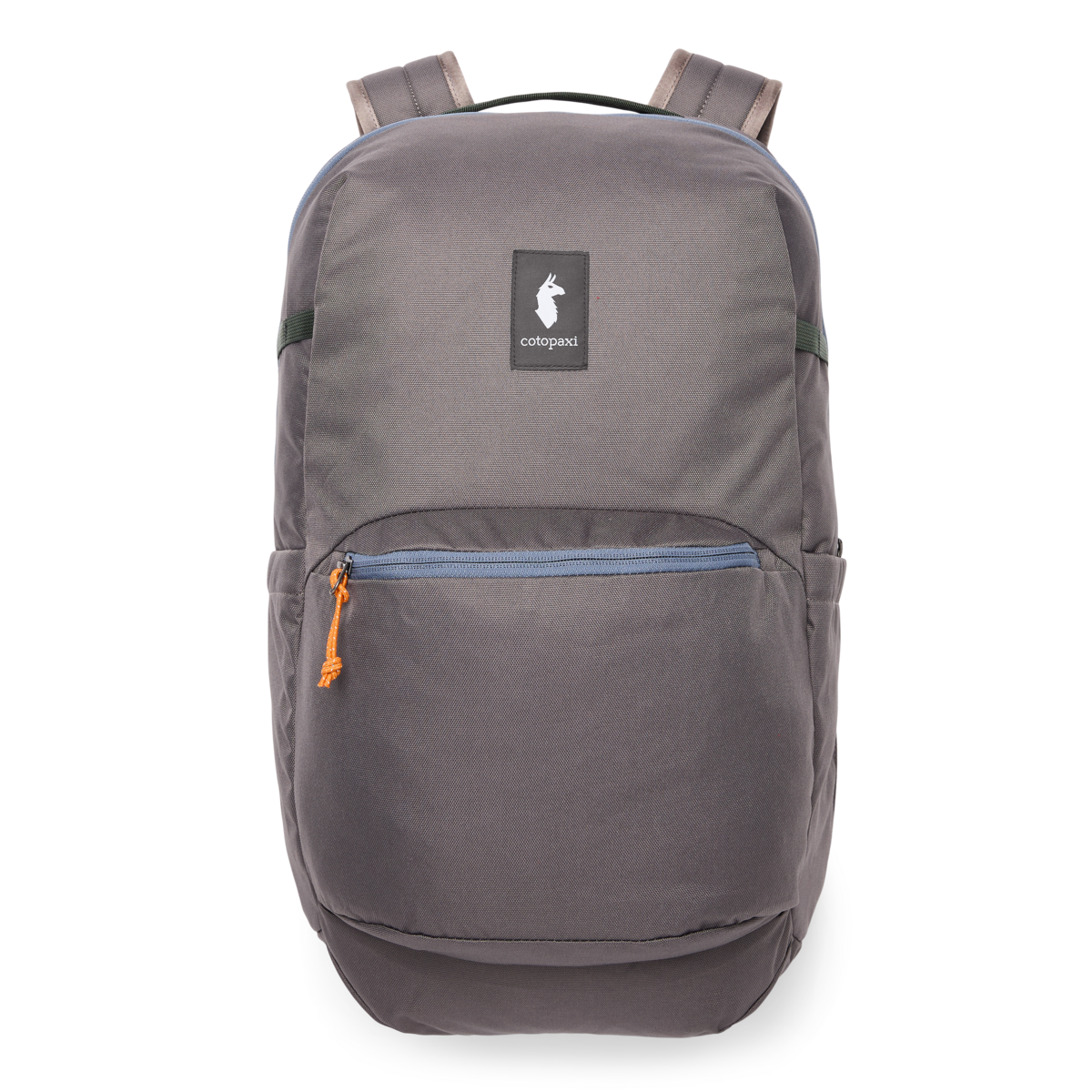 Gray 26-liter backpack with front zip pocket, orange zipper pull, and llama logo patch