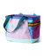 Colorful patchwork tote bag with multiple fabric panels and teal handles on white background