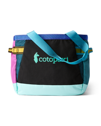 Multicolored tote bag with black front panel, colorful side panels, and teal shoulder straps