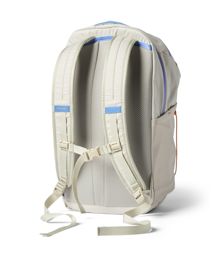 Light colored daypack backpack shown from back view displaying padded shoulder straps and chest strap