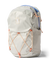 Light gray daypack with orange bungee cord system and padded shoulder straps, side view