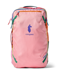 Pink travel backpack with rainbow-colored trim and zippers, front view on white background
