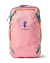 Pink travel backpack with rainbow-colored trim and zippers, front view on white background