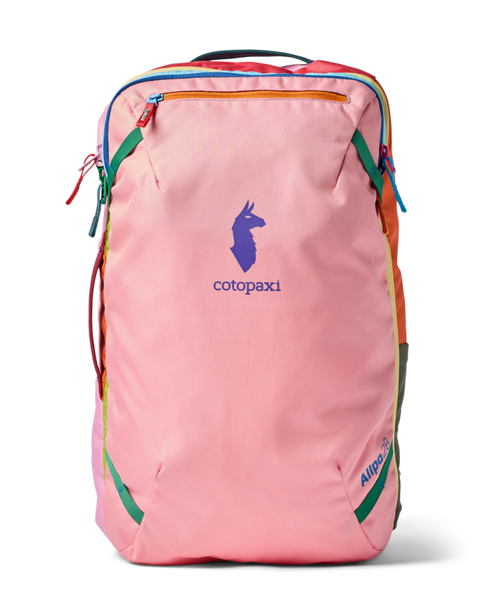 Pink travel backpack with rainbow-colored trim and zippers, front view on white background