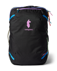 Black travel backpack with colorful zipper accents and multiple compartments, front view