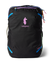 Black travel backpack with colorful zipper accents and multiple compartments, front view