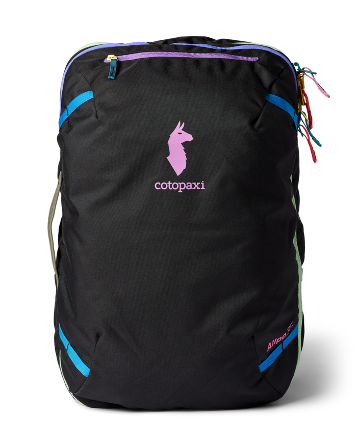 Black travel backpack with colorful zipper accents and multiple compartments, front view