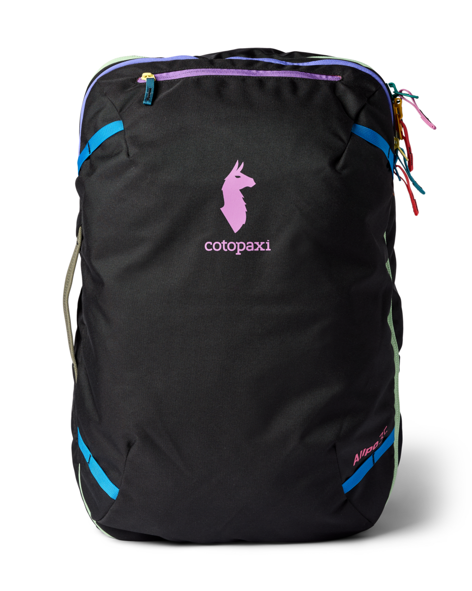 Black travel backpack with colorful zipper accents and multiple compartments, front view