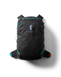 Dark gray travel backpack with turquoise zippers and straps, front view on white background
