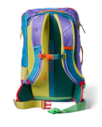 Multicolored travel backpack showing back panel with padded straps and chest strap
