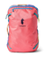 Coral pink travel backpack with colorful accent panels and front zip pocket