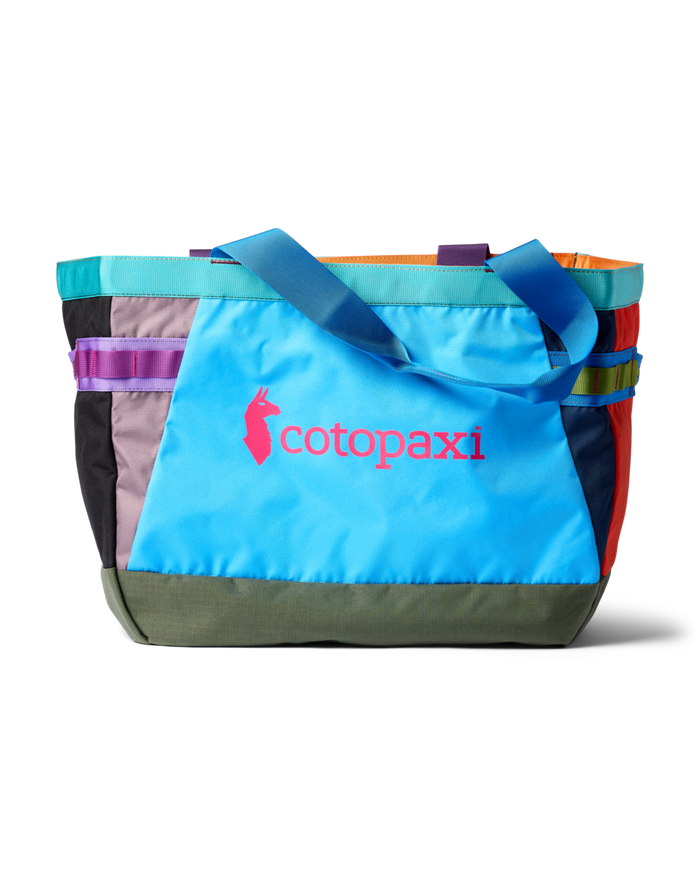 Colorful patchwork tote bag with multiple fabric panels and shoulder straps
