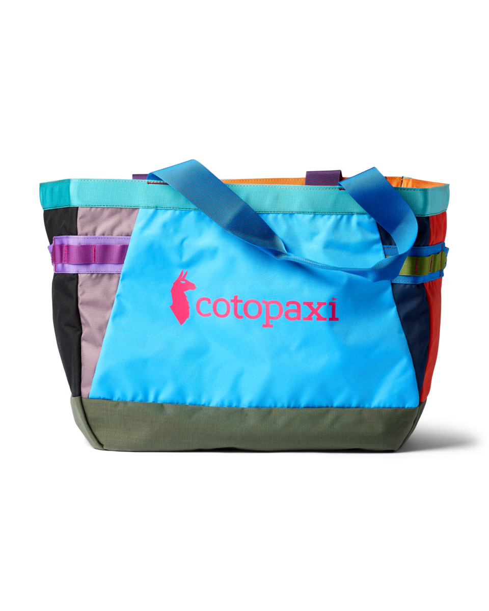 Colorful patchwork tote bag with multiple fabric panels and shoulder straps