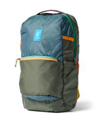 26-liter daypack with multicolor panels, front zip pocket, and side mesh pocket, three-quarter view