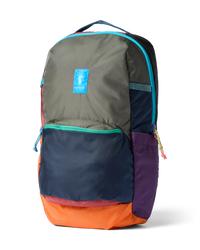 Colorblock backpack with multiple compartments, bright zipper accents, and logo patch, angled view