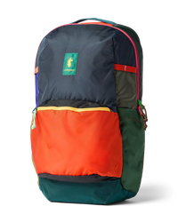 Colorblock 26L backpack with navy, orange, and green panels, front zip pocket, and multiple compartments