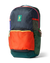 Colorblock 26L backpack with navy, orange, and green panels, front zip pocket, and multiple compartments