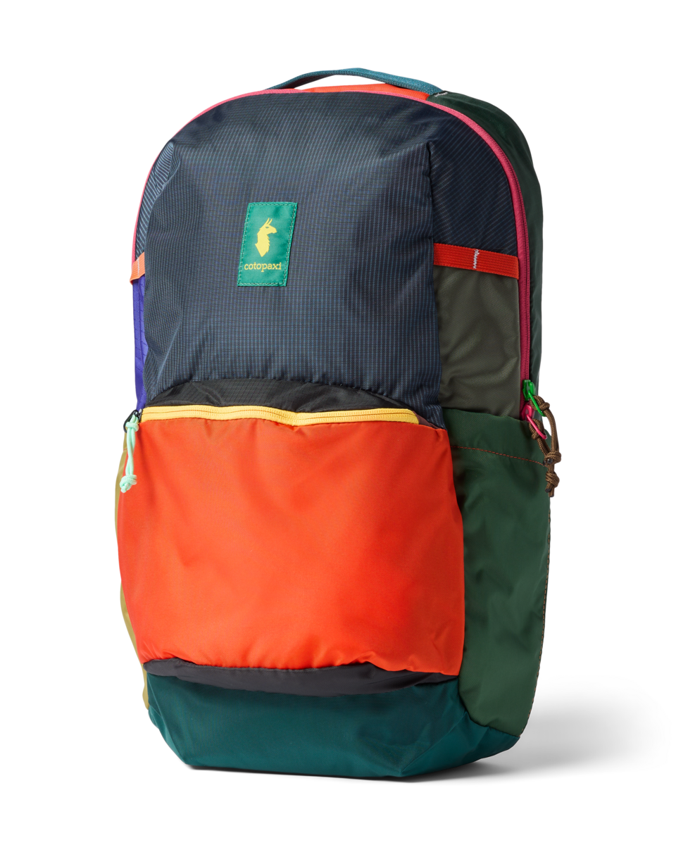 Colorblock 26L backpack with navy, orange, and green panels, front zip pocket, and multiple compartments