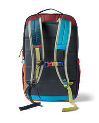 Multicolor patchwork backpack rear view showing padded straps, sternum strap, and mesh back panel
