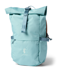 Roll-top daypack in light aqua with front zip pocket, buckle strap, and tan side panels