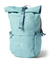 Roll-top daypack in light aqua with front zip pocket, buckle strap, and tan side panels