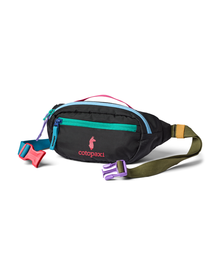 Black hip pack with colorful straps and zippers, front view on white background
